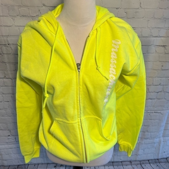 Gildan G185 Heavy Blend Bright Yellow Hooded Sweatshirt with Massachusett logo - Picture 3 of 11
